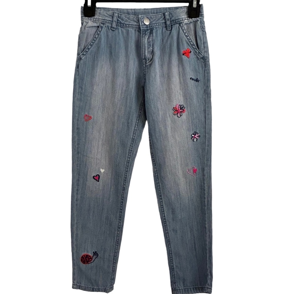 Gymboree Embroidered Heart Flower‎ Snail Chambray Blue Jeans Girls Size 8.